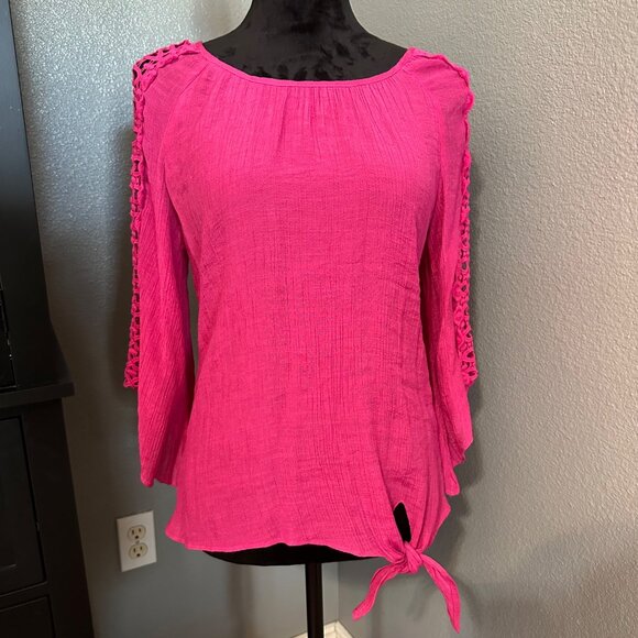 Per Seption Concept Pink Bell Sleeve Womens Top Small 3/4 Sleeve Tie Boho Y2K - Picture 1 of 8